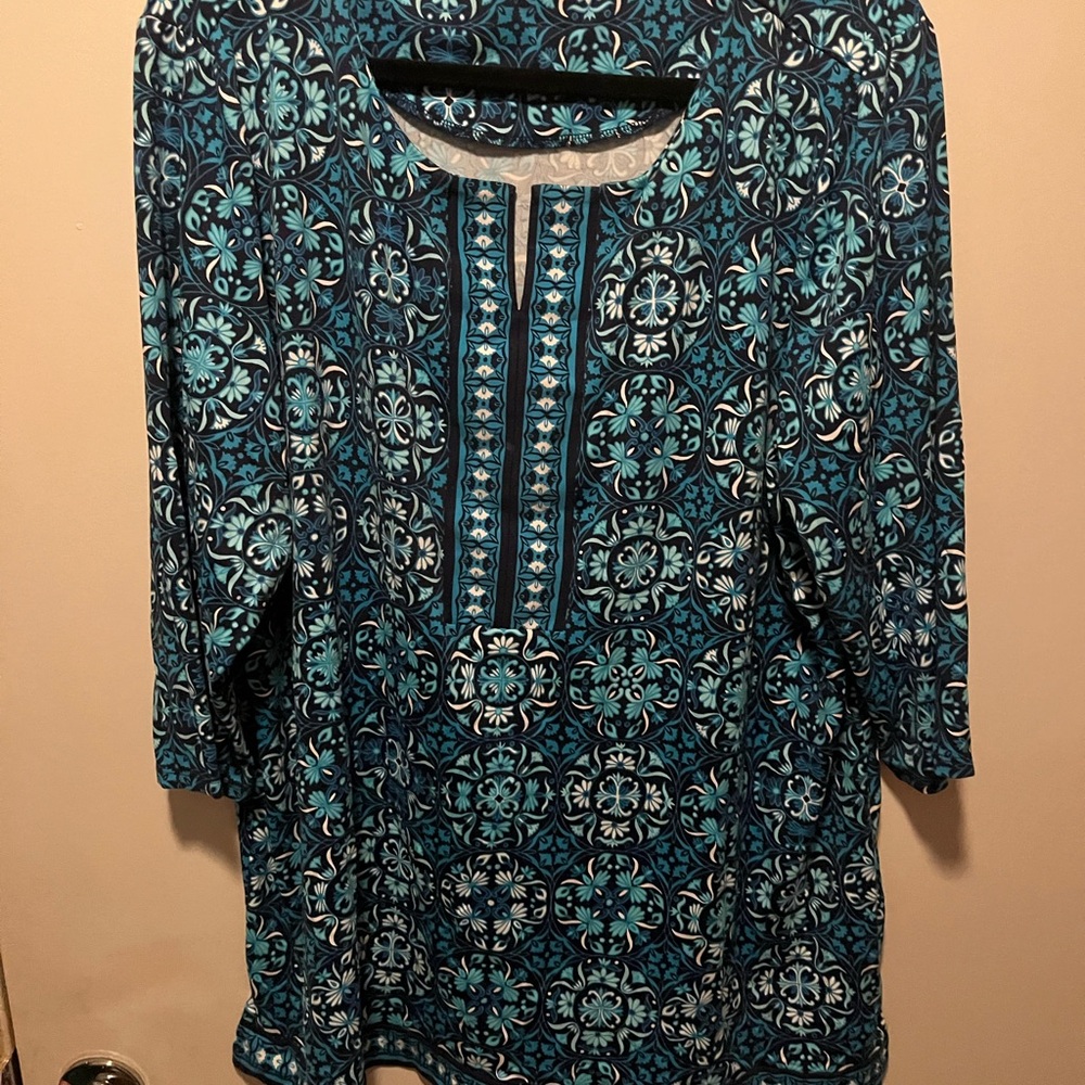 Blouse Talbots Blue and White Boxy Blouse with 3/4 Sleeves